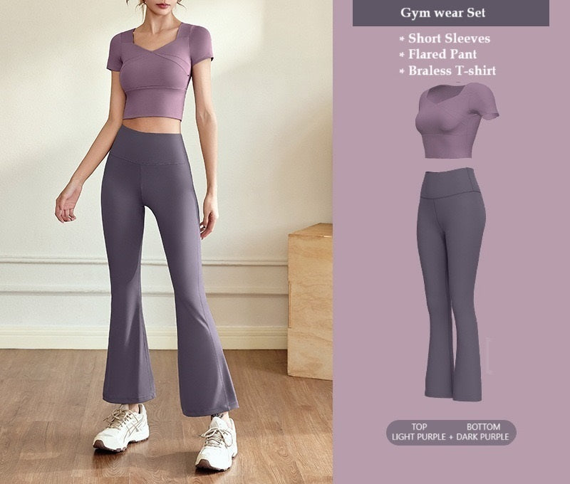 Flared Pant Gym Wear Yoga Wear Sports two pieces Set with Removal Padded T-shirt