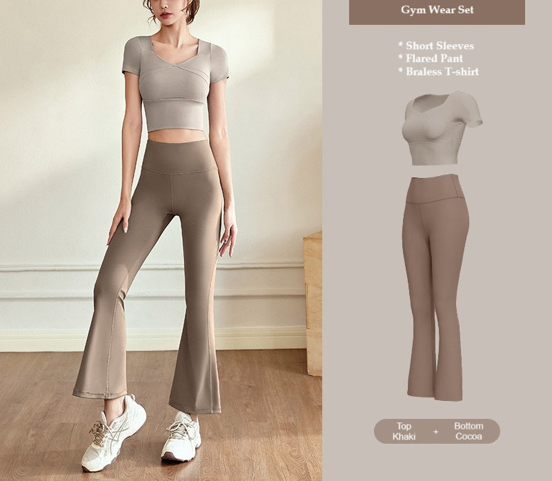 Flared Pant Gym Wear Yoga Wear Sports two pieces Set with Removal Padded T-shirt