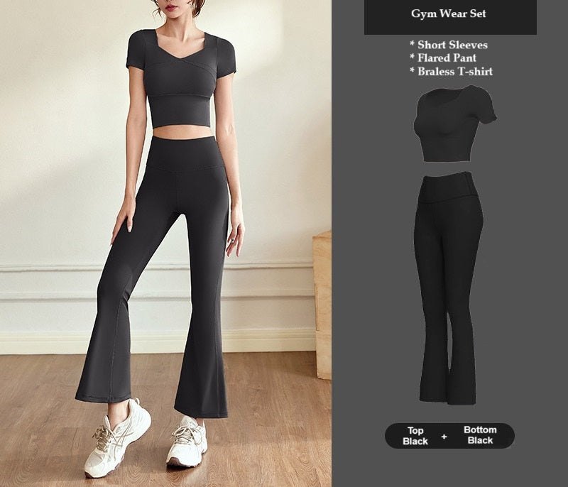Flared Pant Gym Wear Yoga Wear Sports two pieces Set with Removal Padded T-shirt