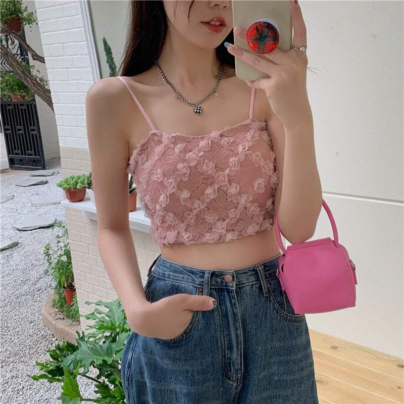 Popular Roses lace floral , short beautiful straps, chest pads, light wearing, Vest for Casual wear