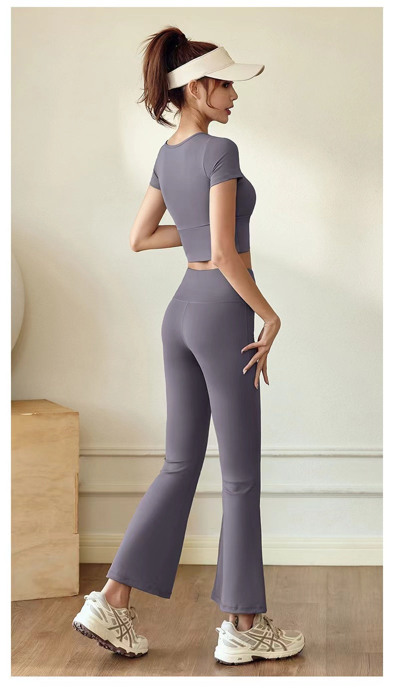 Flared Pant Gym Wear Yoga Wear Sports two pieces Set with Removal Padded T-shirt