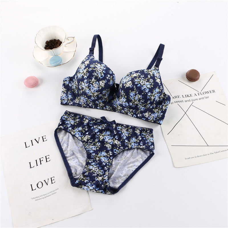 Elegant floral printed Wired Bra Panty Set comfortable and breathable women's underwear soft skin-friendly massage gathered plus size underwear set