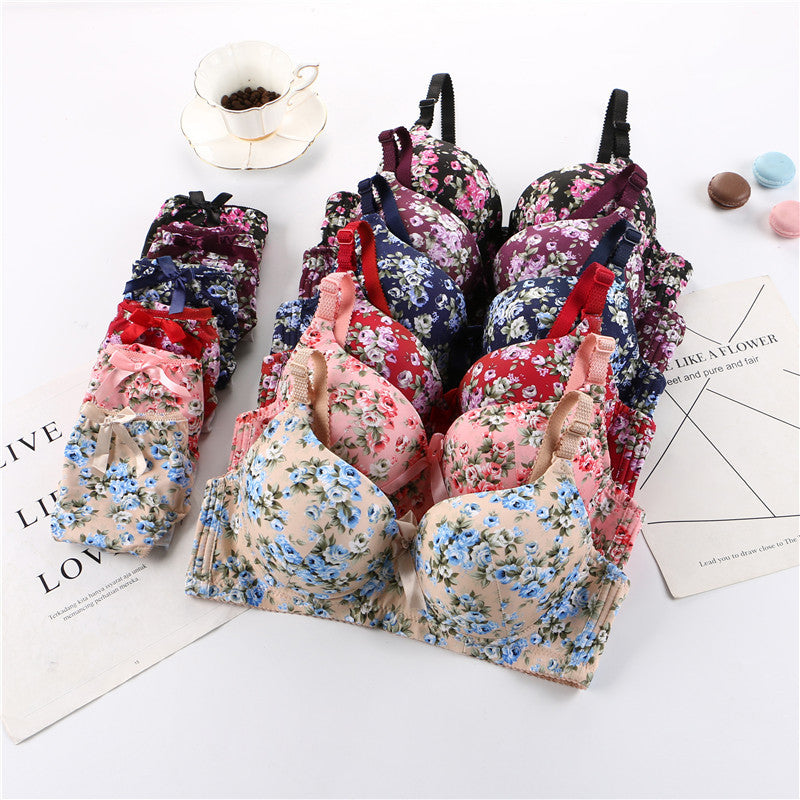 Elegant floral printed Wired Bra Panty Set comfortable and breathable women's underwear soft skin-friendly massage gathered plus size underwear set