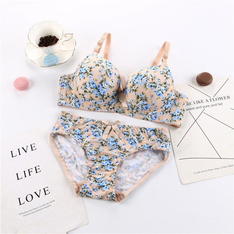 Elegant floral printed Wired Bra Panty Set comfortable and breathable women's underwear soft skin-friendly massage gathered plus size underwear set