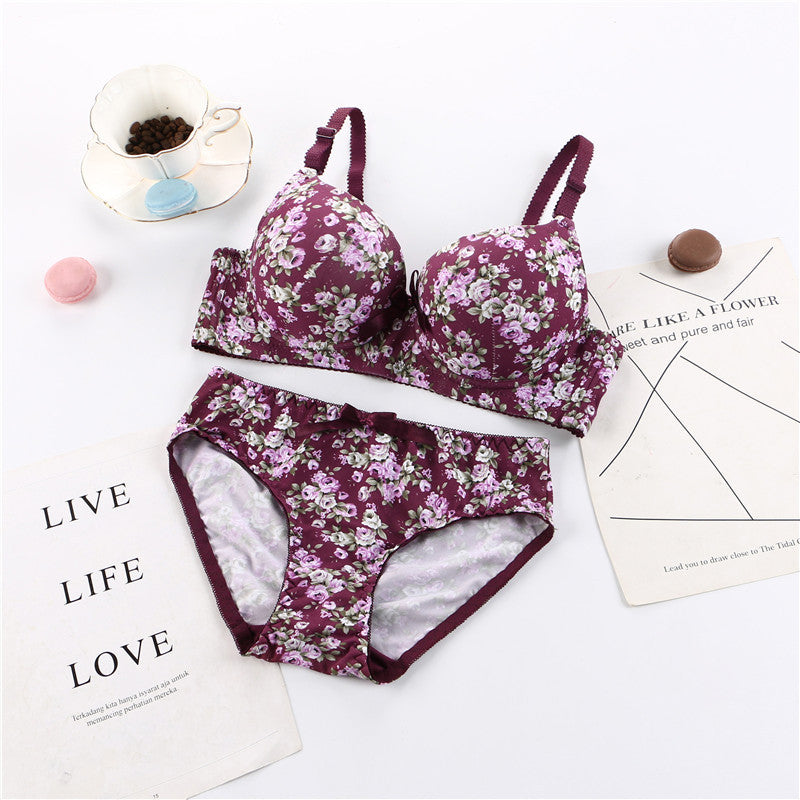 Elegant floral printed Wired Bra Panty Set comfortable and breathable women's underwear soft skin-friendly massage gathered plus size underwear set