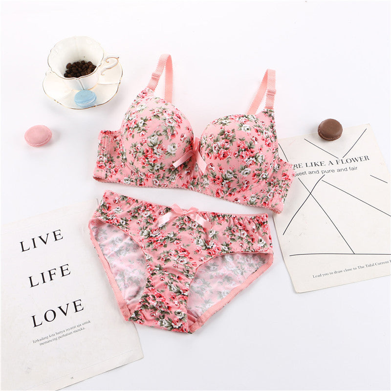 Elegant floral printed Wired Bra Panty Set comfortable and breathable women's underwear soft skin-friendly massage gathered plus size underwear set