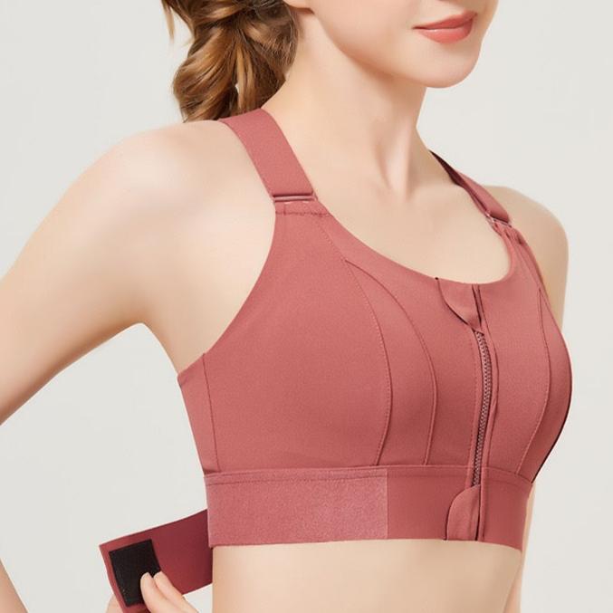 Women's Padded sports bra with front zipper and velcro size adjustable strap