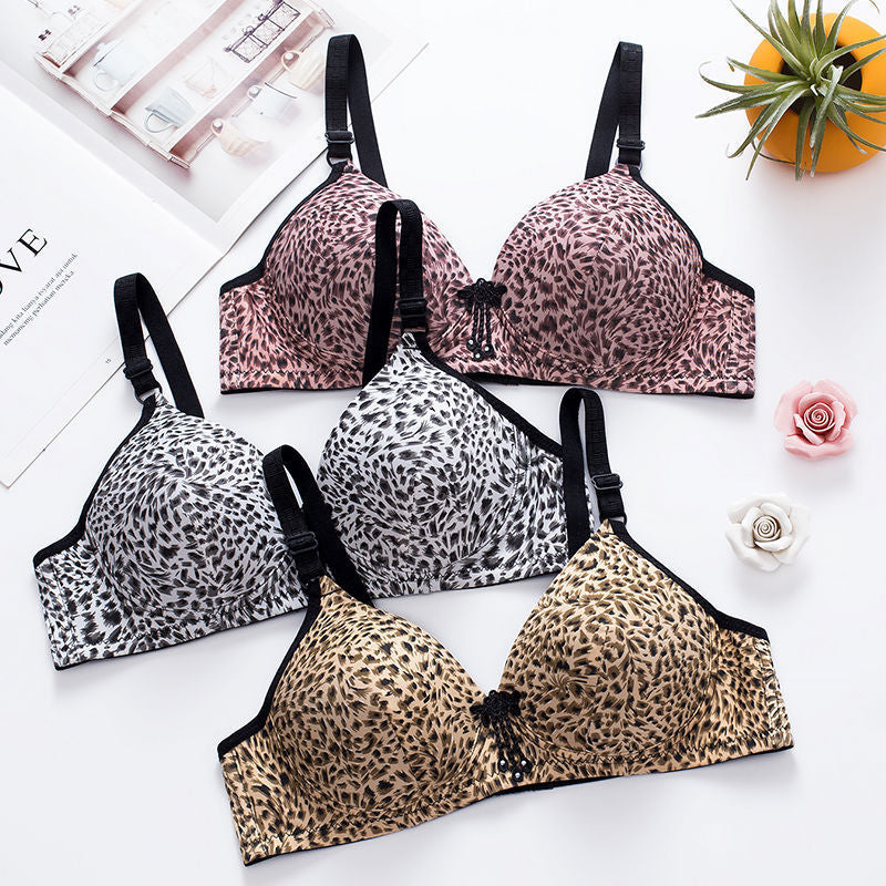 Wired Bra with Leopard print round cup type plus size thin underwear feminine gathered underwire bra