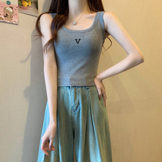 Korean version of threaded cotton embroidered suspender beauty vest with chest pad integrated chest wrap outer wear bottomless sleeveless top