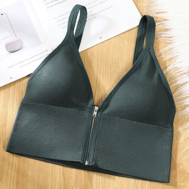 Korean version of the deep V front zipper sports base beauty back underwear gathered yoga and casual wear vest Bra