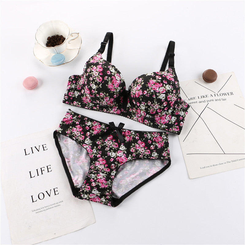 Elegant floral  printed Wired Bra Panty Set  comfortable and breathable women's underwear soft skin-friendly massage gathered plus size underwear set