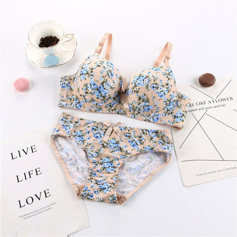 Elegant floral  printed Wired Bra Panty Set  comfortable and breathable women's underwear soft skin-friendly massage gathered plus size underwear set